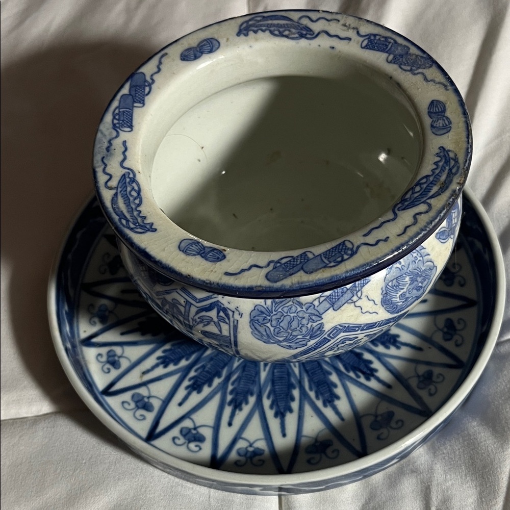 VintageBlue and White Ceramic Bowl with Plate. Signed plate